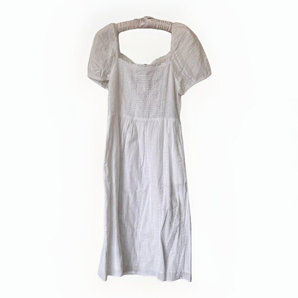 LOFT Midi Dress Medium Petite Stretch White Cotton Short Puff Sleeve